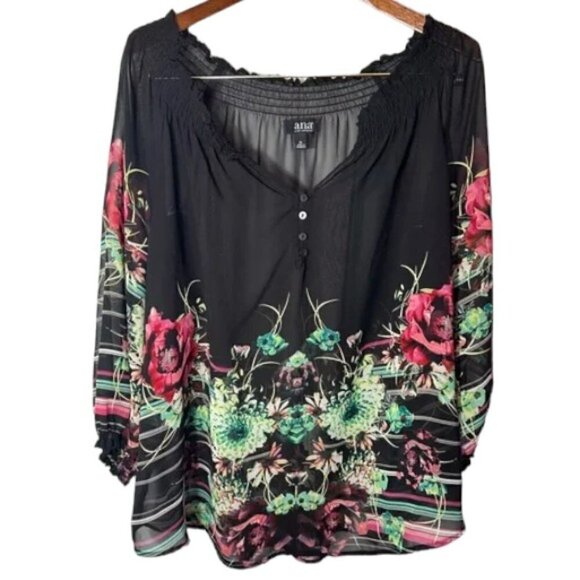 a.n.a. Women’s Black Sheer Floral Blouse Size 2X - Picture 1 of 10